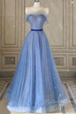 a line tulle blue long prom dresses blue tulle formal dresses