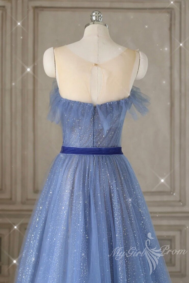 a line tulle blue long prom dresses blue tulle formal dresses