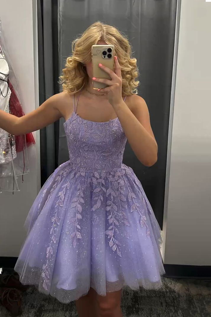 sparkly lavender short homecoming dress sleeveless lace applique party dress with tie back