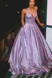 sparkly light purple prom dresses spaghetti straps v neck glitter evening gown with pockets