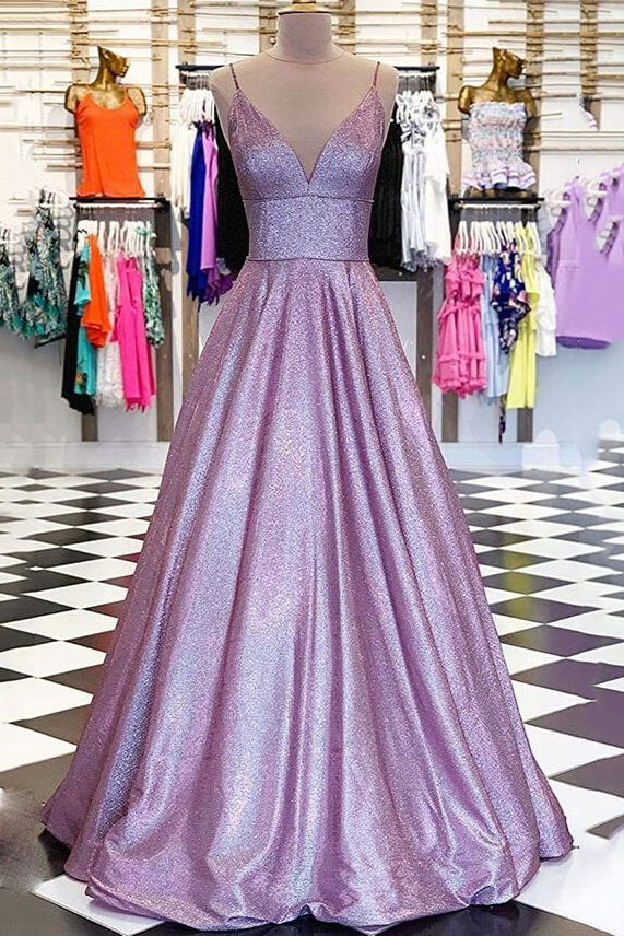 sparkly light purple prom dresses spaghetti straps v neck glitter evening gown with pockets
