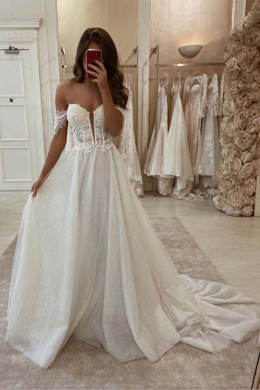sparkly off the shoulder a line wedding dresses sleeveless beach wedding gown