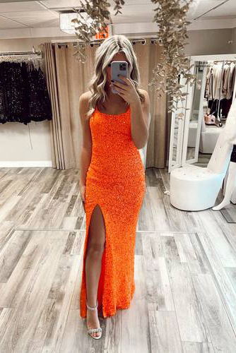 sparkly orange sequin mermaid long prom dress with lace up back