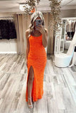 sparkly orange sequin mermaid long prom dress with lace up back