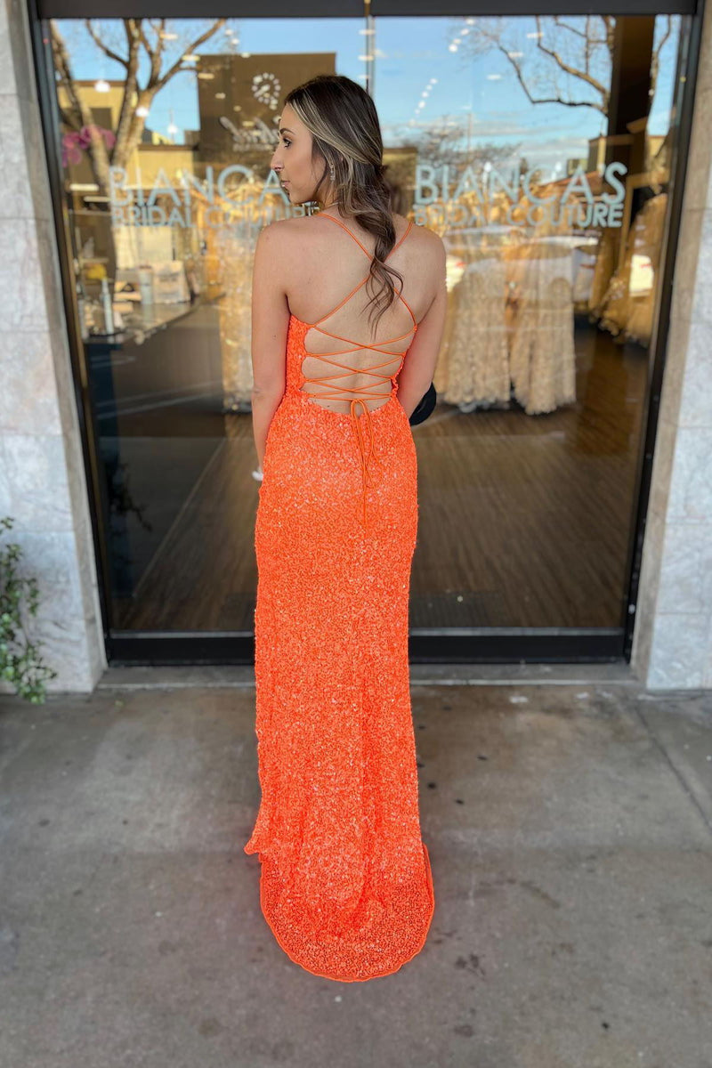 sparkly orange sequin mermaid long prom dress with lace up back