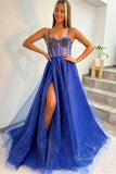 sparkly royal blue tulle a line spaghetti straps prom dress slit evening dress