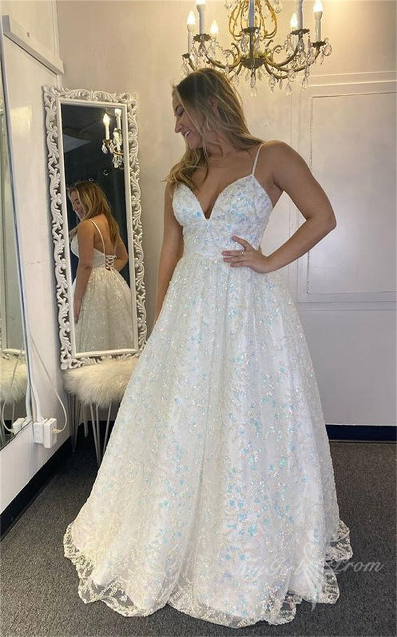 sparkly spaghetti straps sequins prom dress long pageant dress