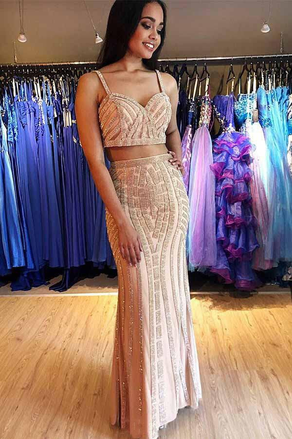 sparkly two piece straps sheath long prom dress with beading