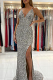 sparkly v neck mermaid silver prom dresses spaghetti strap evening dress