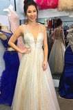 sparkly a line deep v neck floor length tulle backless prom dress