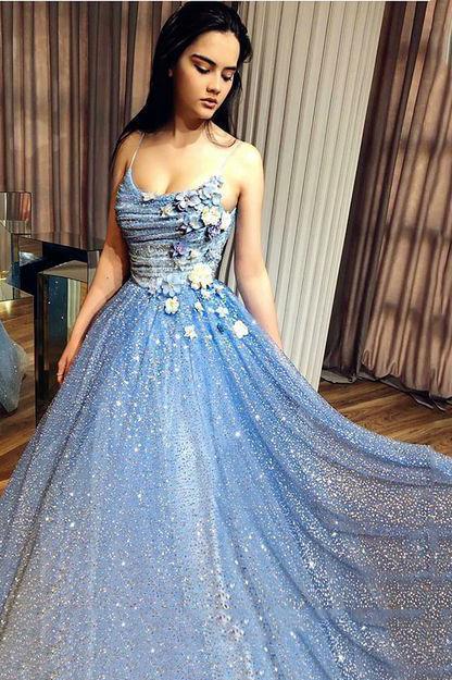 sparkly blue prom dress a line sequin formal gown with 3d appliques