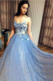 sparkly blue prom dress a line sequin formal gown with 3d appliques