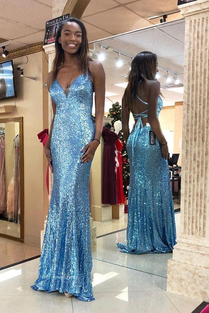 sparkly blue v neck sequins mermaid prom dress backless evening gown