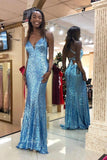 sparkly blue v neck sequins mermaid prom dress backless evening gown