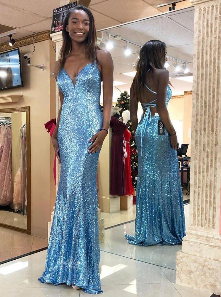 sparkly blue v neck sequins mermaid prom dress backless evening gown