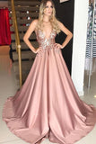 sparkly satin a line deep v neck blush long prom dress