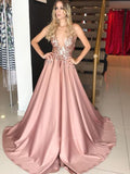 sparkly satin a line deep v neck blush long prom dress