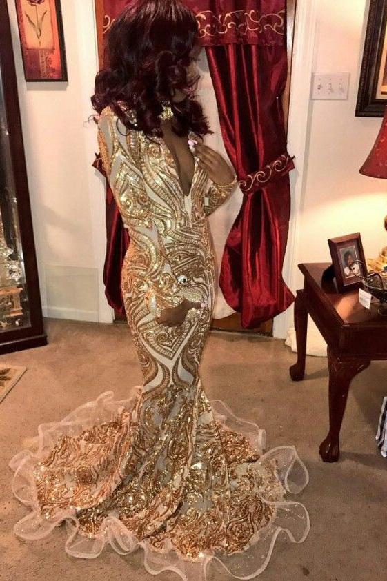 sparkly long sleeves gold prom dress mermaid sequins evening dress