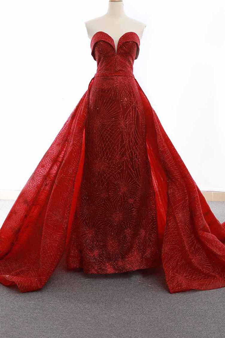 sparkly sequins red sweetheart sheath formal gown overskirt pageant dresses