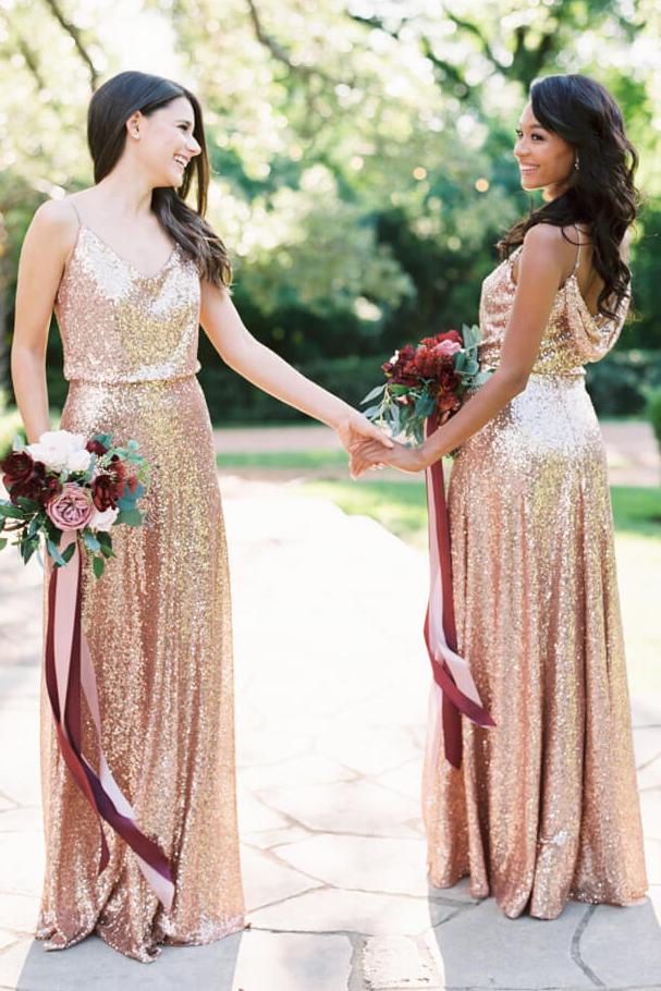 sparkly spaghetti straps cowl cross back rose gold sequin bridesmaid dresses