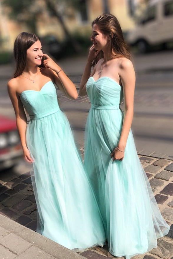 spring mint green sweetheart tulle long bridesmaid dresses