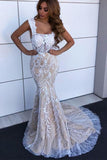 square neck mermaid lace wedding dress with sweep train