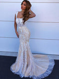 square neck mermaid lace wedding dress with sweep train