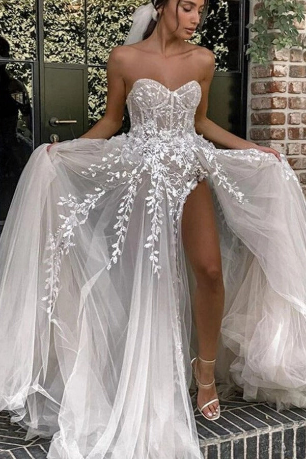 elegant strapless high split tulle beach wedding dress with sparkle applique