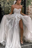 elegant strapless high split tulle beach wedding dress with sparkle applique