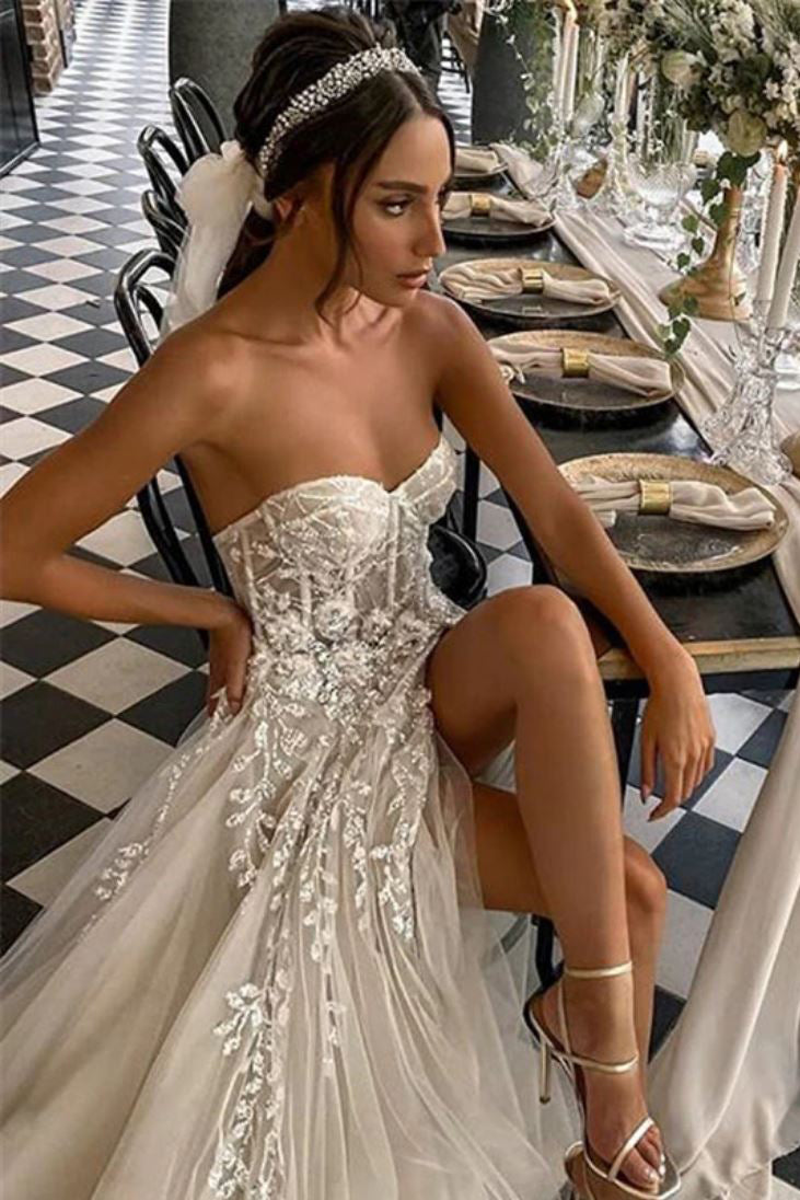 elegant strapless high split tulle beach wedding dress with sparkle applique