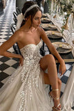 elegant strapless high split tulle beach wedding dress with sparkle applique