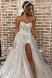 elegant strapless high split tulle beach wedding dress with sparkle applique