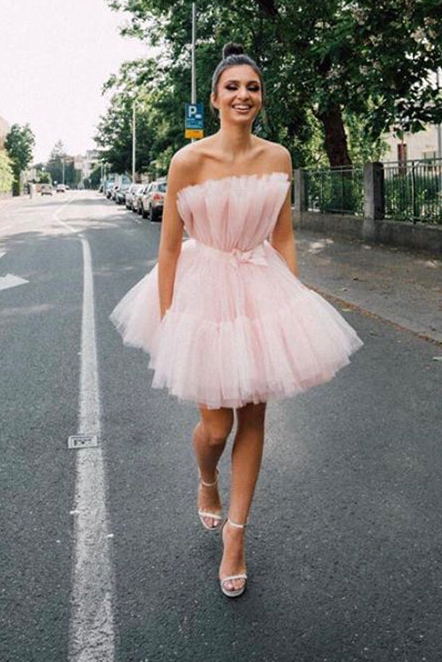strapless pink tulle short homecoming dress princess sleeveless party dress