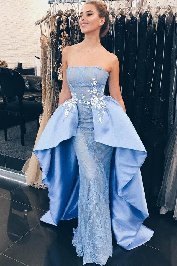 strapless lace blue mermaid prom dress with detachable train