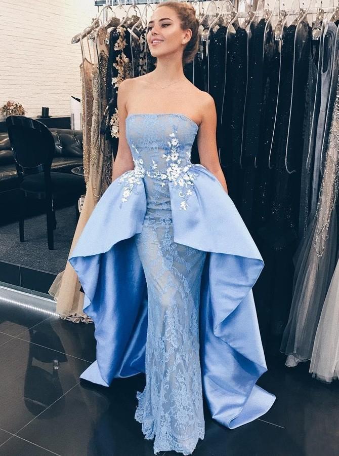 strapless lace blue mermaid prom dress with detachable train