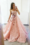 strapless pink lace long prom dresses ball gown with floral appliques