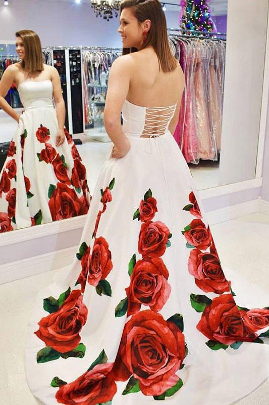 floral printed strapless prom dress long formal evening gown