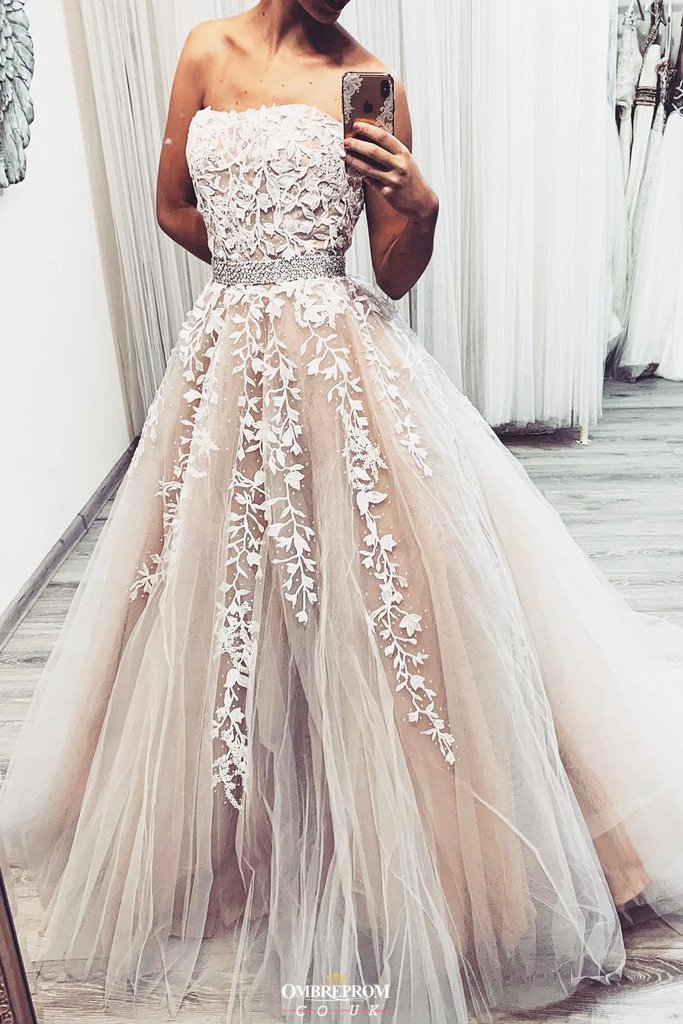 strapless lace appliques tulle long prom wedding dress with beading