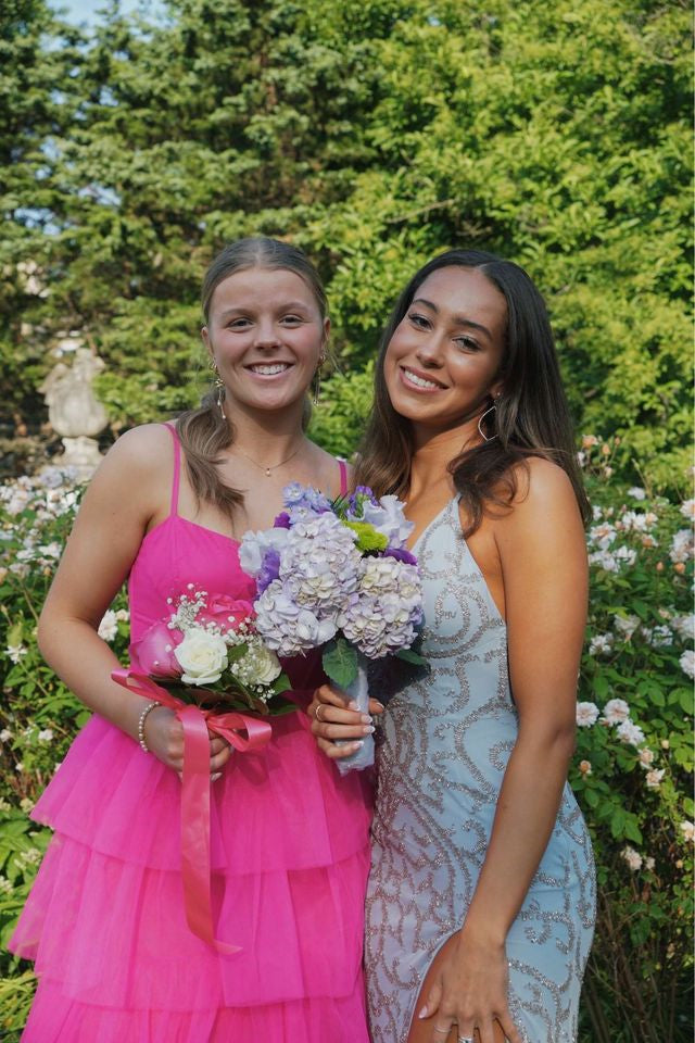 straps hot pink sleeveless prom dress tiered ruffle long formal dress