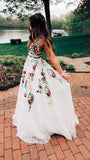 lace long prom dress with embroidery appliques v neck backless graduation dress