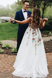 lace long prom dress with embroidery appliques v neck backless graduation dress