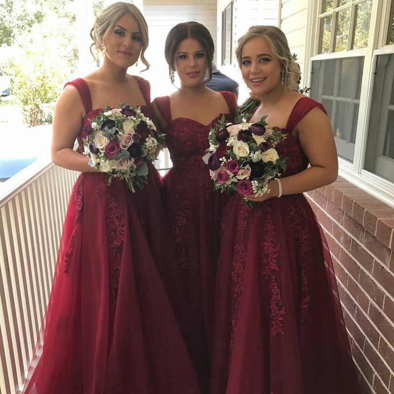 straps tulle long burgundy bridesmaid dresses with lace appliques