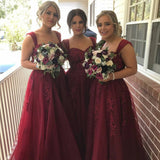 straps tulle long burgundy bridesmaid dresses with lace appliques