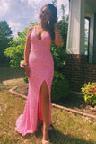 Stunning Sparkly Mermaid V Neck Pink Sequins Long Prom Dresses with Slit GP423