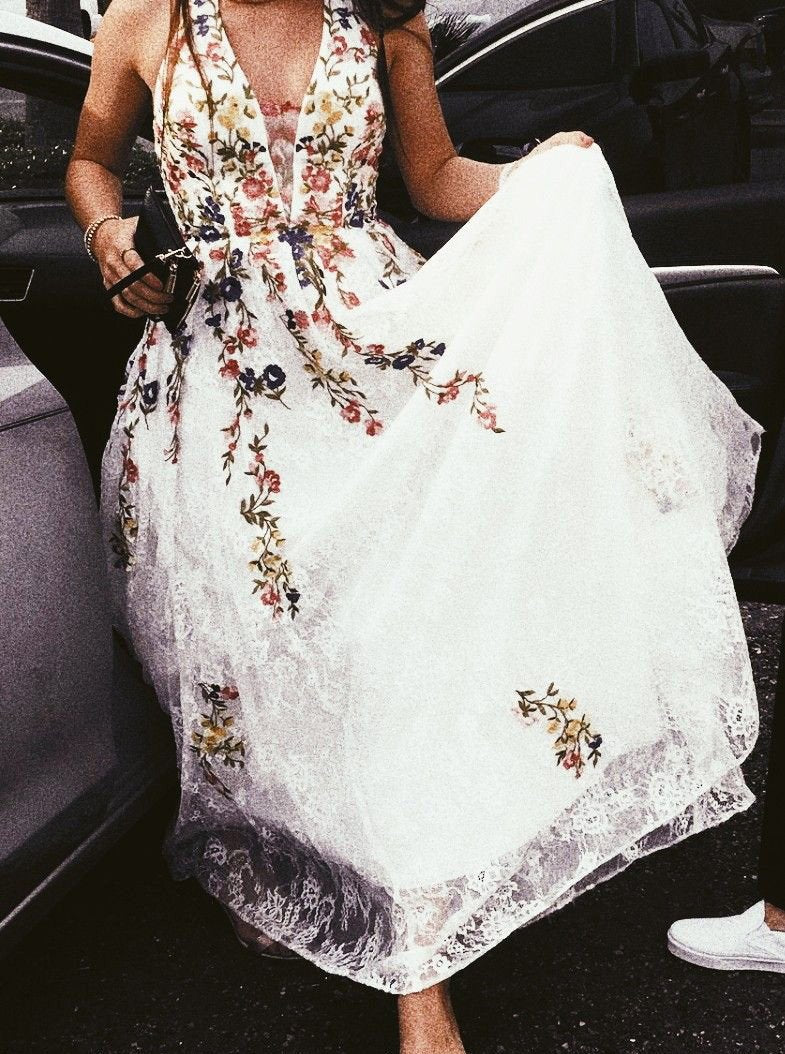 stunning long floral lace prom dress a line v neck wedding dress
