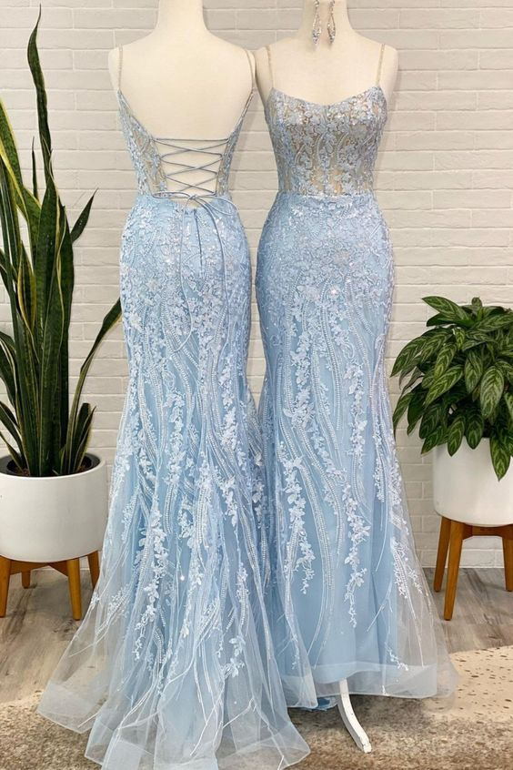 stylish mermaid lace blue prom dresses spaghetti straps evening gowns