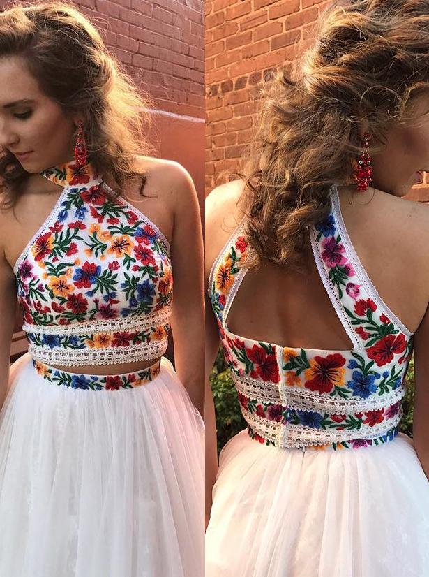 halter two piece sweet 16 dress embroidery appliques long prom dress