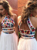 halter two piece sweet 16 dress embroidery appliques long prom dress
