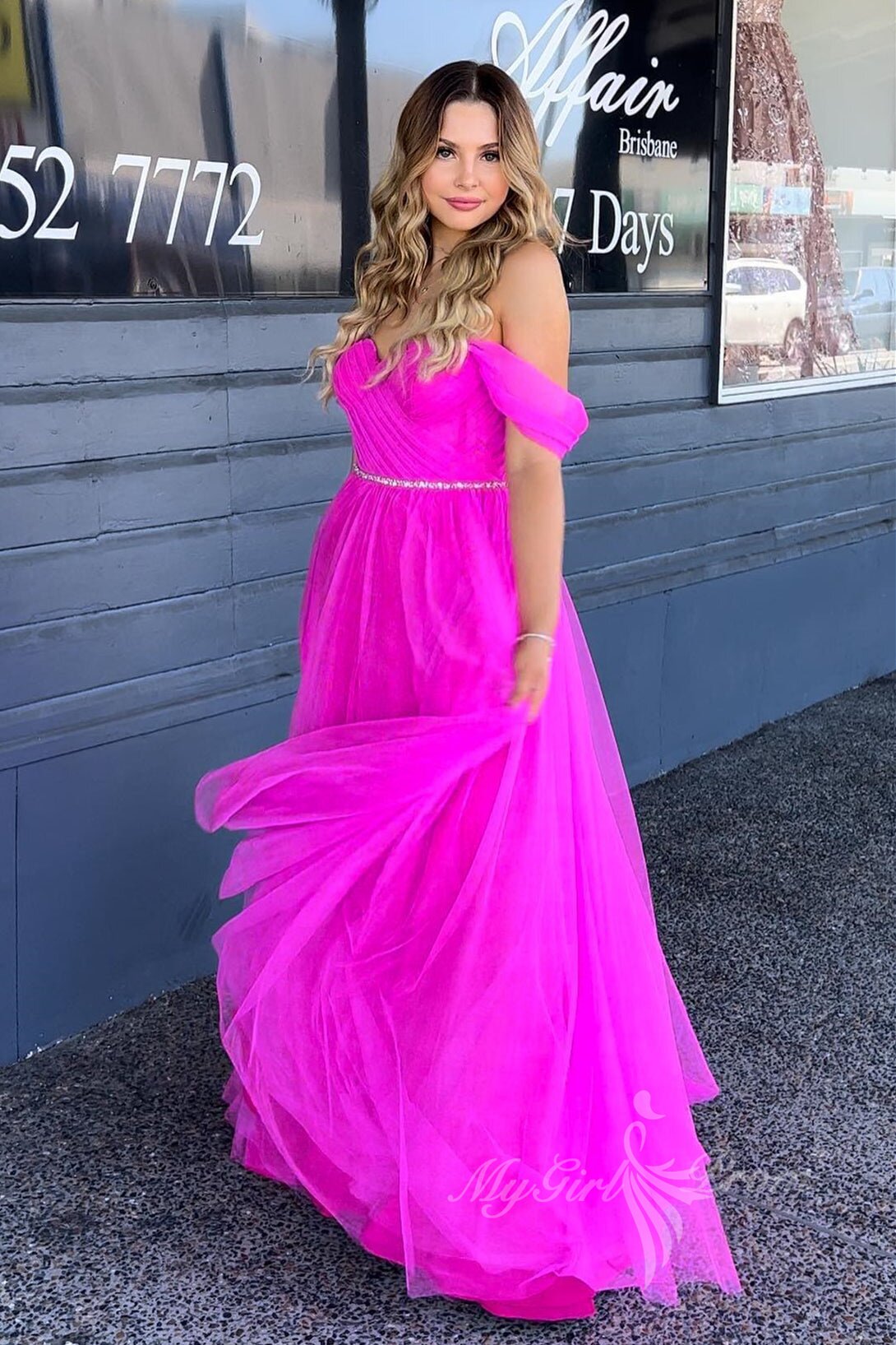 sweetheart hot pink off the shoulder tulle long prom dress with beaded