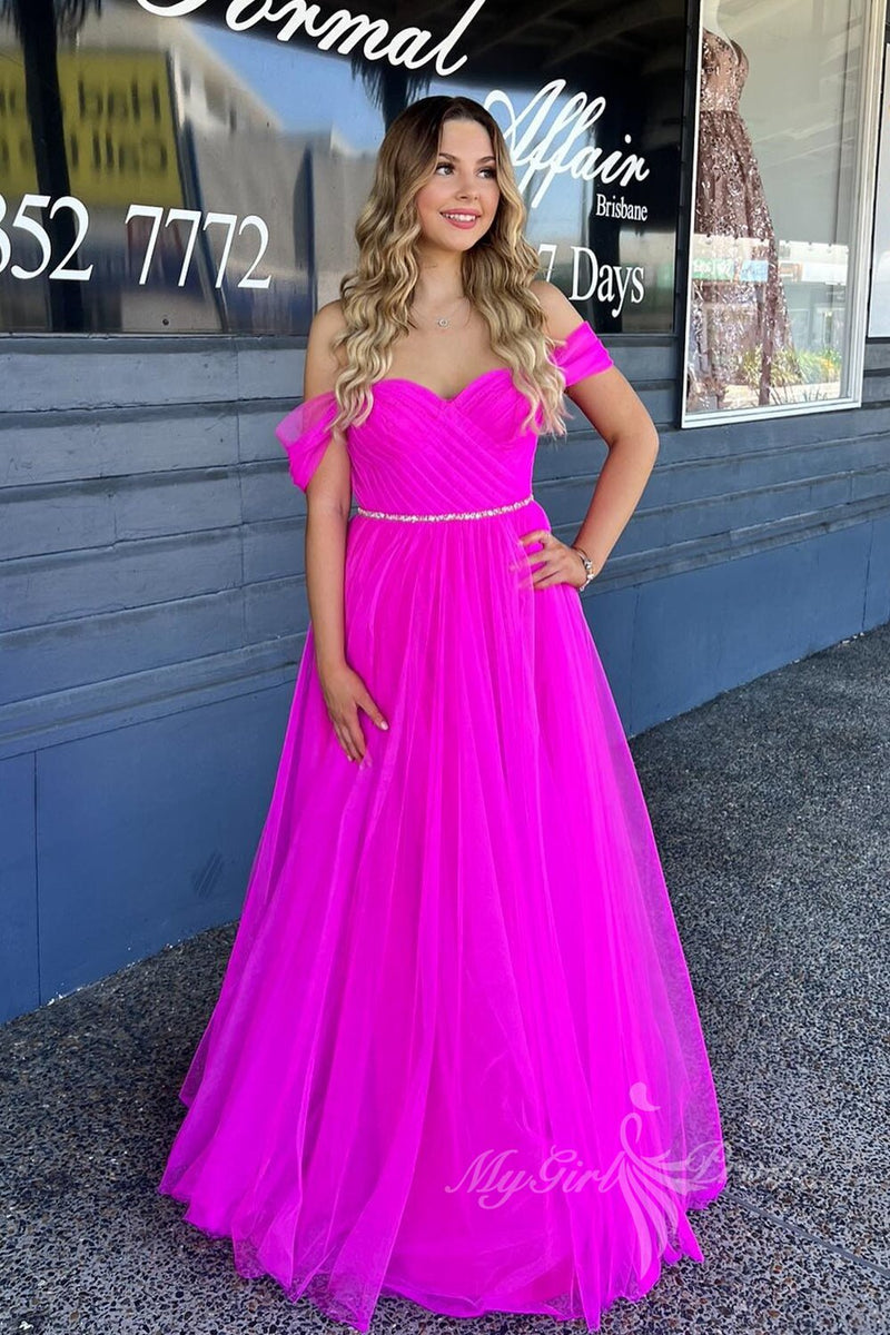 sweetheart hot pink off the shoulder tulle long prom dress with beaded